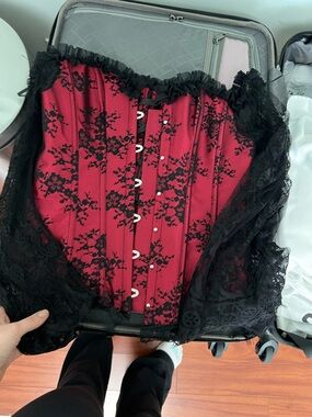 Red Lace Corset Bustier with Black Overlay